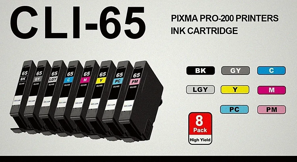 8 Pack Ink Cartridges w/ Chip FOR Canon CLI-65 Pixma Pro-200 Pro 200 Printer